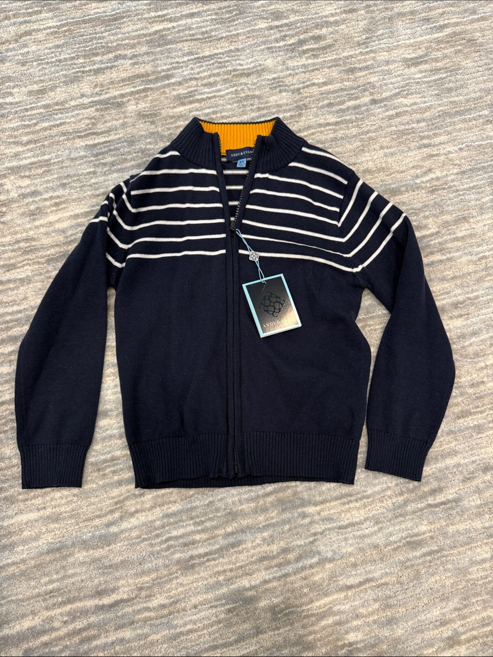Adrienne Vittadini Navy Zip-Up Sweater with White Stripes and Mustard Collar